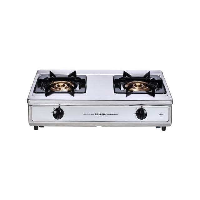 SAKURA櫻花牌 G-5611 雙口瓦斯爐採用不鏽鋼爐臺,傳統外擴火焰設計,提供強勁火力達11~12kW,壓電式自動點火方便使用,不需挖孔安裝,尺寸700 x 420 x 200 mm(含爐架),臺灣製造,能源效率第四級,適用天然瓦斯(NG1)或液化瓦斯(LPG),保固1年,BSMI許可R51085,標準安裝完美適合廚房。 SAKURA櫻花牌 G-5611
