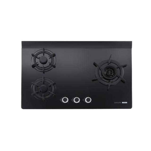 SAKURA櫻花牌 G-2932 型號G2932AG,三口瓦斯爐採用耐熱強化玻璃爐臺與雙炫火爐頭,臺灣製造,支援電子連續點火與DC 1.5V電源。火力強勁,左大火右大火設計,瓦斯消耗量9~10kW,能源效率第一級,適合液化(桶裝)瓦斯。機體尺寸775 x 520 x 145 mm (含爐架),挖孔尺寸728 x 468 mm (R113),BSMI許可R51085,享1年保固,標準安裝,安全可靠的廚房首選。 SAKURA櫻花牌 G-2932