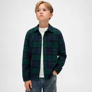 【GAP】男童裝 翻領長袖襯衫-藍綠格子(843514)