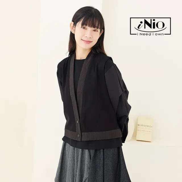 【iNio 衣著美學】V字拼接顯瘦背心外套 單側飄帶拼接 舒適背心(CEW4806)