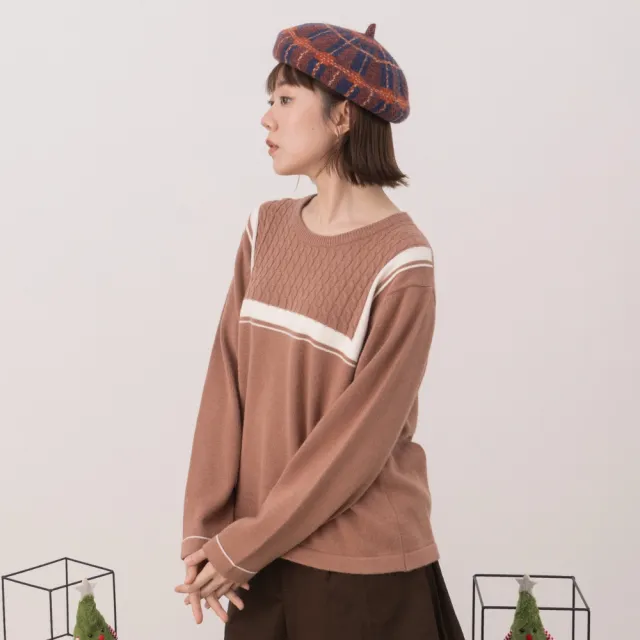 【MOSS CLUB】文青撞色領口麻花針織上衣(藍 杏 駝/魅力商品)