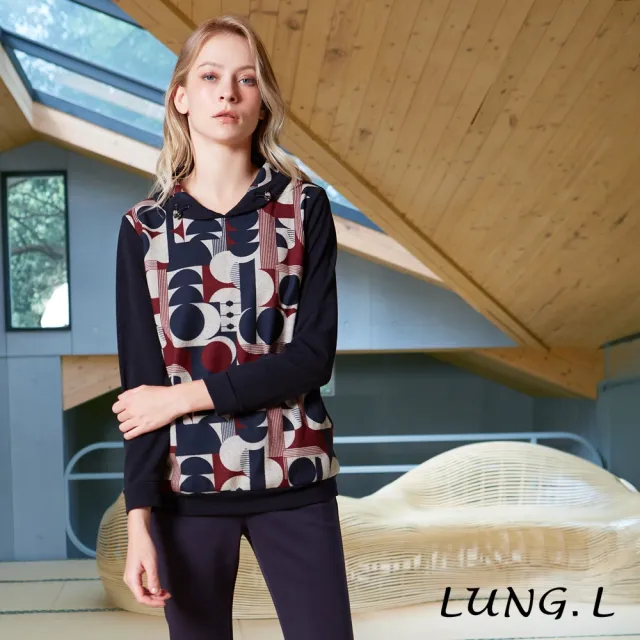 【LUNG.L 林佳樺】LU08A 藍色幾何印花長版長袖女裝上衣(秋冬新品 加大尺碼)
