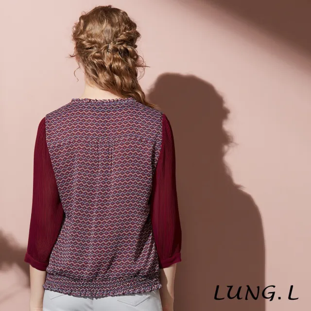 【LUNG.L 林佳樺】LT20A 紅色幾何碎花拼接壓褶雪紡七分袖女裝上衣(秋冬新品)