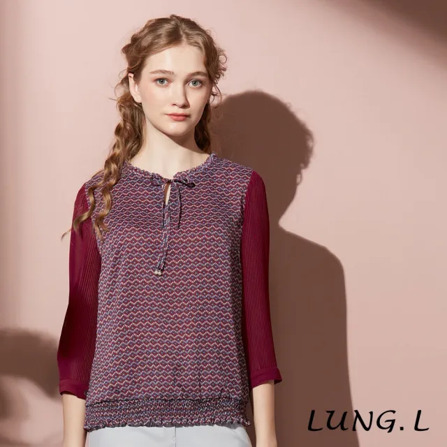 【LUNG.L 林佳樺】LT20A 紅色幾何碎花拼接壓褶雪紡七分袖女裝上衣(秋冬新品)