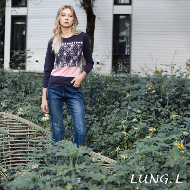 【LUNG.L 林佳樺】LT60E 藍色側邊鑽飾修身微喇女裝牛仔長褲(秋冬新品)