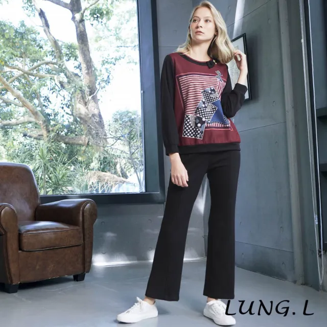 【LUNG.L 林佳樺】LU12A 酒紅幾何圖案拼接黑色點綴蝴蝶結長袖女裝上衣(秋冬新品 加大尺碼)
