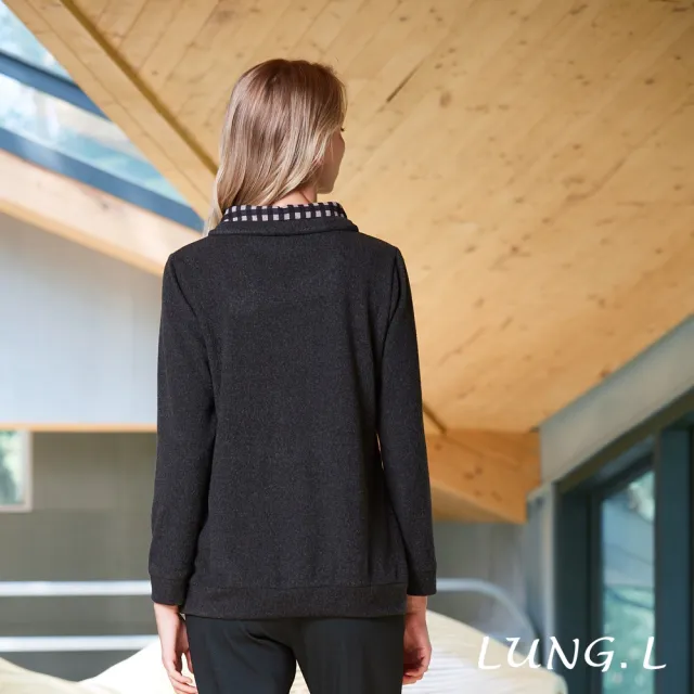 【LUNG.L 林佳樺】LU09A 卡其色格紋拼接黑灰色保暖長袖女裝上衣(秋冬新品 加大尺碼)
