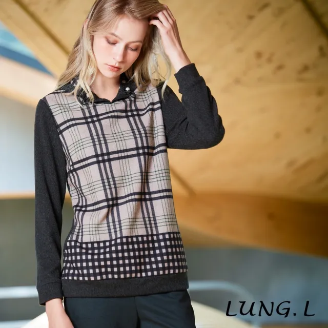 【LUNG.L 林佳樺】LU09A 卡其色格紋拼接黑灰色保暖長袖女裝上衣(秋冬新品 加大尺碼)