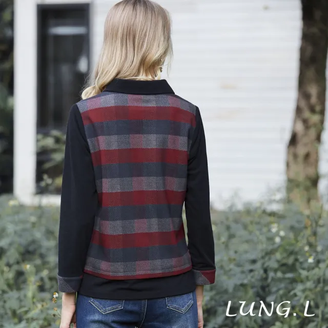 【LUNG.L 林佳樺】LU06A 藍色拼接酒紅深灰格紋假兩件長袖女裝上衣(秋冬新品 保暖)