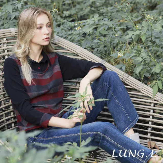 【LUNG.L 林佳樺】LU06A 藍色拼接酒紅深灰格紋假兩件長袖女裝上衣(秋冬新品 保暖)