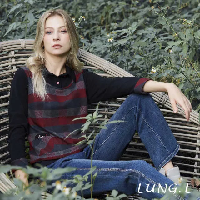 【LUNG.L 林佳樺】LU06A 藍色拼接酒紅深灰格紋假兩件長袖女裝上衣(秋冬新品 保暖)