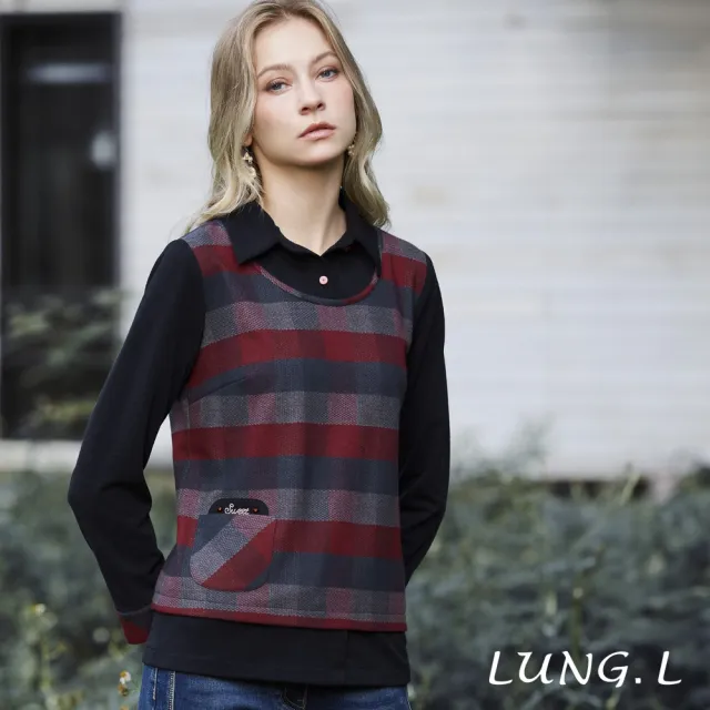 【LUNG.L 林佳樺】LU06A 藍色拼接酒紅深灰格紋假兩件長袖女裝上衣(秋冬新品 保暖)