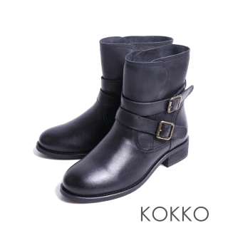 【KOKKO】個性質感雙條帶飾扣騎士短靴(黑色)