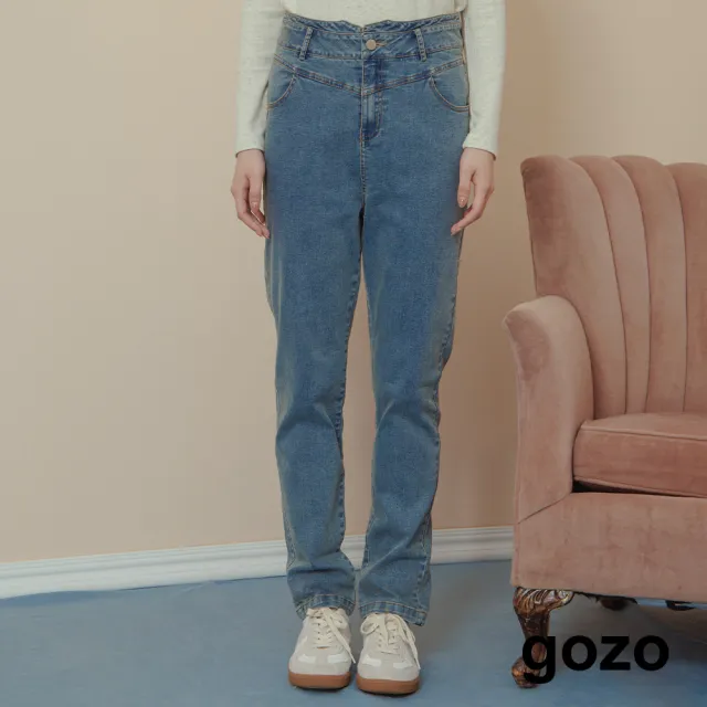 【gozo】MOMO獨家款★限量開賣 設計腰頭彈性合身牛仔褲(藍色)