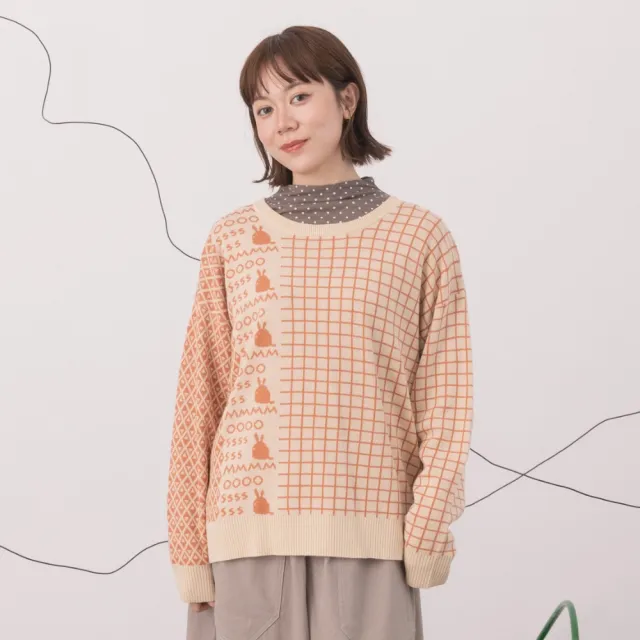 【MOSS CLUB】復古圖騰拼接格紋緹花針織上衣(藍 桔 灰/魅力商品)