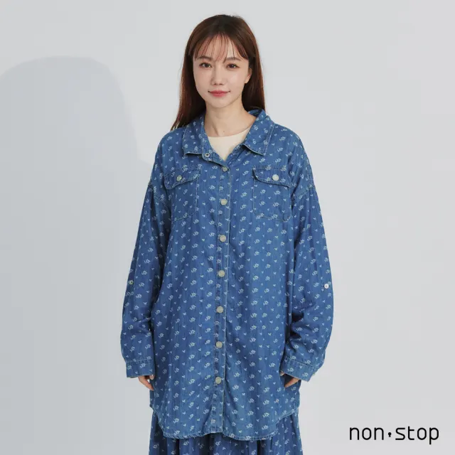 【non-stop】碎花牛仔寬鬆長版襯衫-1色