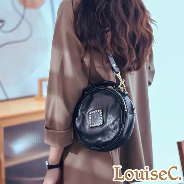 【LouiseC.】雙11 Tree House 牛皮洗水做舊個性復古鉚釘手提肩背斜背小圓真皮包-黑色(GK0007-05)