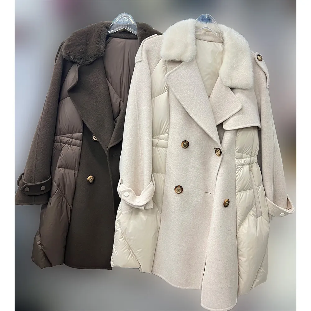 【MON’S】丹麥水貂風衣式羽絨羊毛拼接外套(直)