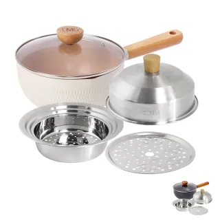 【LMG】鍋具蒸籠組｜錘紋雪平鍋附蓋22cm+304不鏽鋼蒸籠蒸盤三件組(IH爐可用鍋 不沾鍋 適用各種爐具)