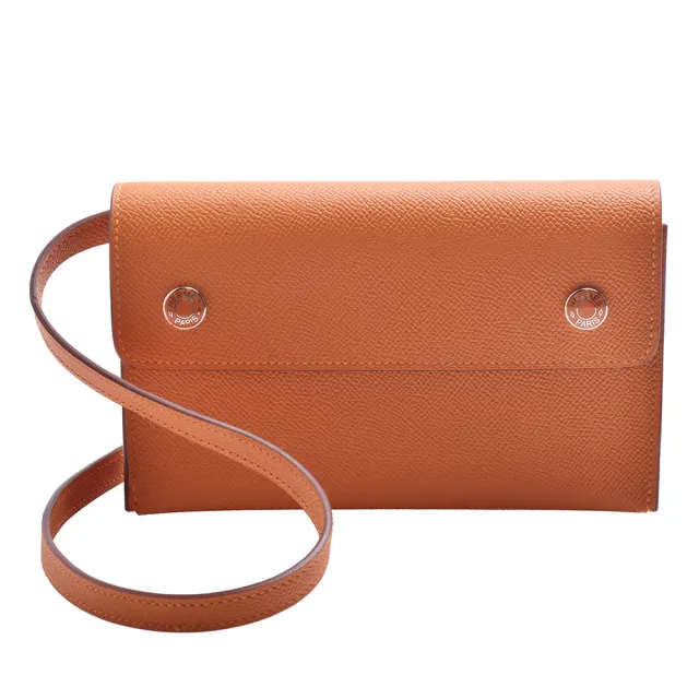 【Hermes 愛馬仕】經典SNAP WALLETl系列牛皮銀釦斜背包(愛馬仕橘H085099CK-ORG)