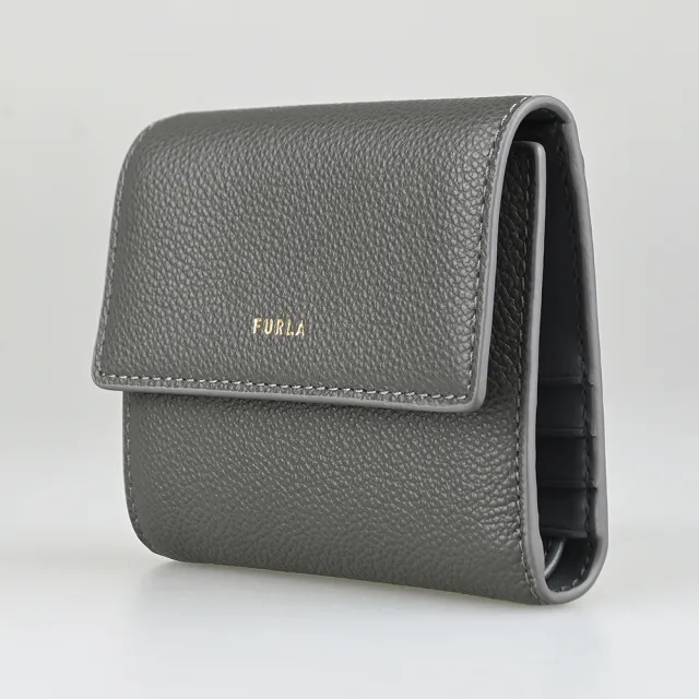 【FURLA 芙拉】FURLA Goccia燙金字LOGO小牛皮6卡壓釦式三折短夾(中/都市灰)
