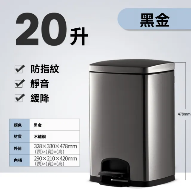 【佳美多】垃圾桶 家用垃圾桶 不鏽鋼垃圾桶 櫥房 家用 腳踏帶蓋 商用 大容量 20L(單獨內桶 固定開蓋)