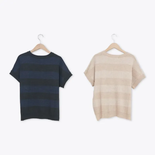 【MOSS CLUB】撞色小方格連袖針織上衣(杏 灰/魅力商品)