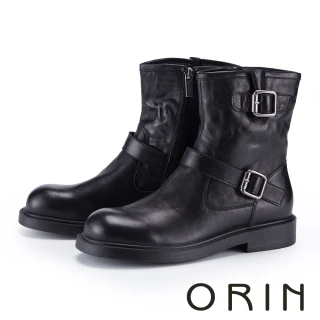 【ORIN】水洗牛皮雙扣帶平底短靴(黑色)