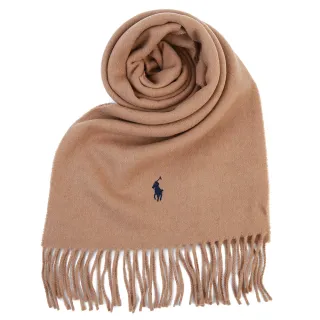 【RALPH LAUREN】POLO經典撞色刺繡小馬素面羊毛流蘇圍巾(駝色)