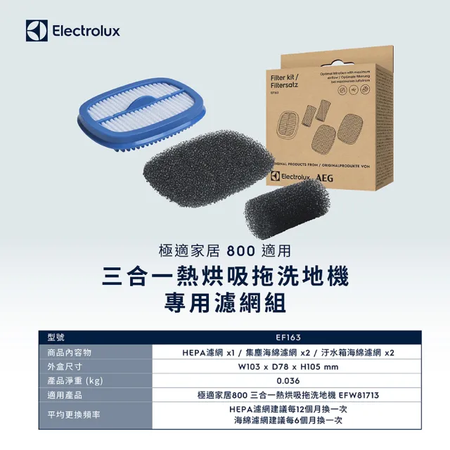 【Electrolux 伊萊克斯】極適家居800三合一熱烘吸拖洗地機專用濾網組合(EF163)