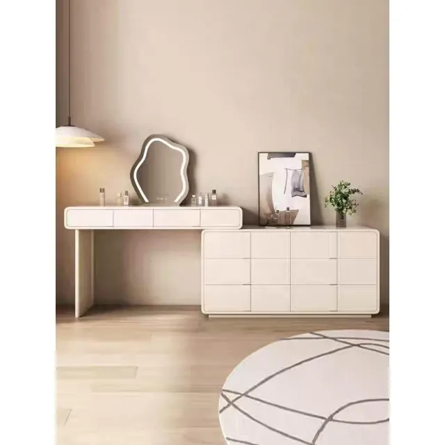 【Taoshop 淘家舖】奶油風岩板梳妝台｜化妝桌轉角梳妝台｜100-190*40*75cm｜QY-SZT40