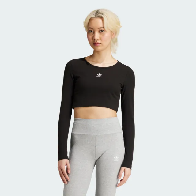【adidas 愛迪達】愛迪達 Ess Crop Ls 女 長袖上衣 休閒長袖 黑 白 亞版(IW5725)
