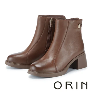 【ORIN】羊皮側釦環質感中跟短靴(棕咖)