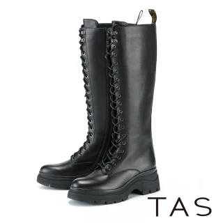【TAS】真皮綁帶側拉鍊厚底長靴(黑色)