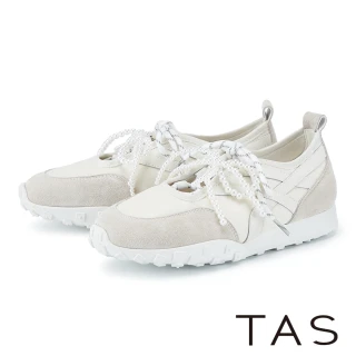 【TAS】異材質設計款珍珠綁帶平底休閒鞋(米色)
