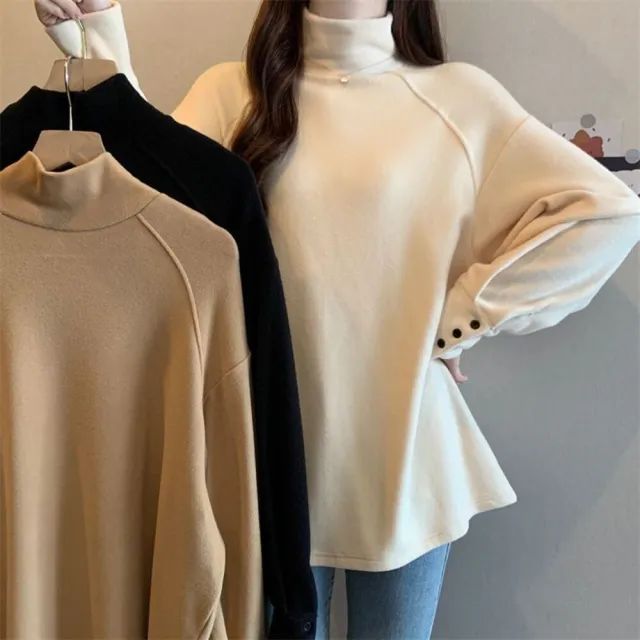 【AKARA】發熱寬版長身慵懶高領長袖上衣(M-3XL/保暖德絨/中大碼)