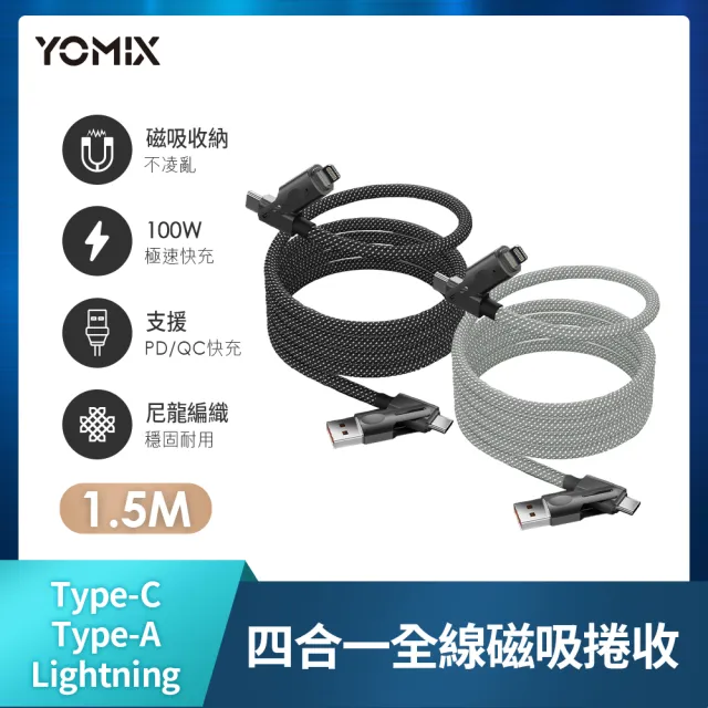 【YOMIX 優迷】3入組★PD100W四合一快充磁吸編織收納充電傳輸線1.5M(Type-C/Lightning/USB-A)