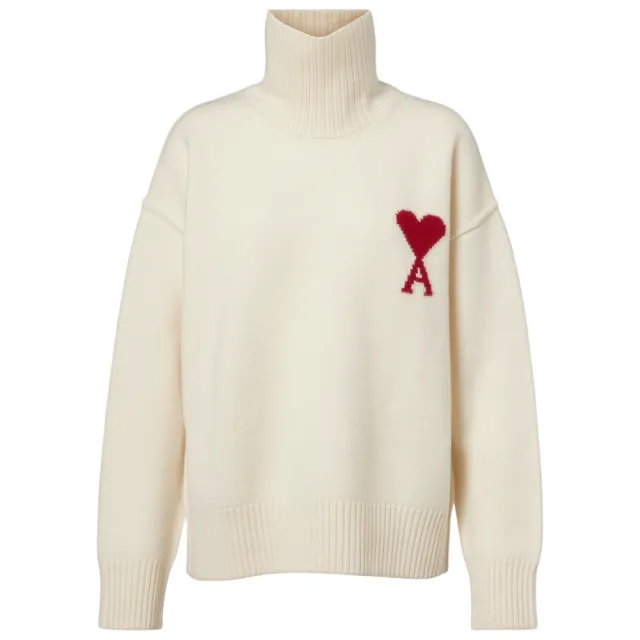 【AMI PARIS】秋冬新款 男女同款 愛心A圖騰LOGO 羊毛高領毛衣-米白色(XXS號、XS號、S號、M號、L號)