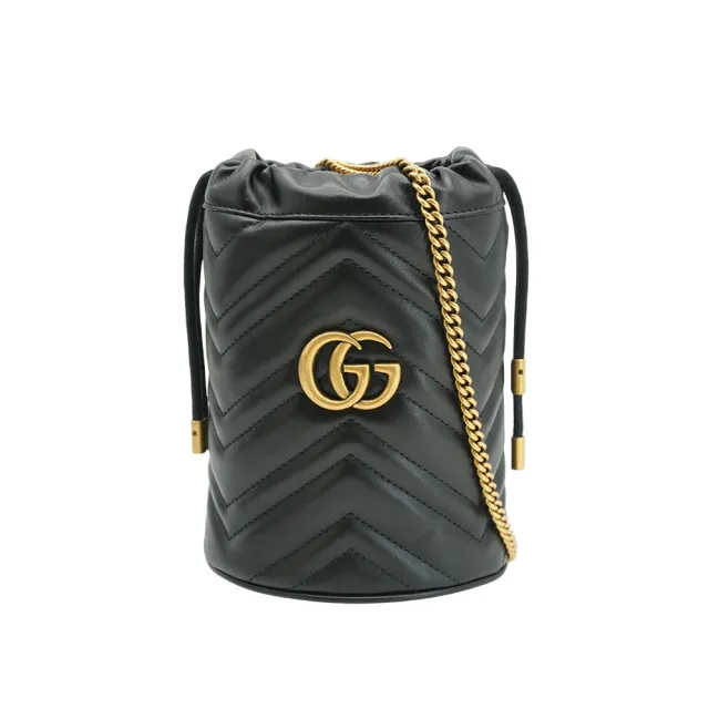 【GUCCI 古馳】GG Marmont 牛皮金鍊斜背迷你水桶包(575163-黑)
