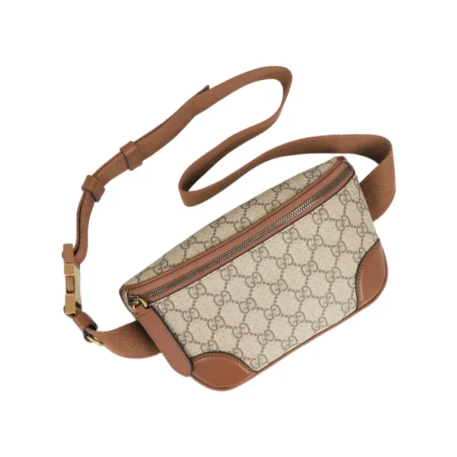 【GUCCI 古馳】GG Emblem 塗層帆布及皮革腰包/胸口包(烏木/深棕色)