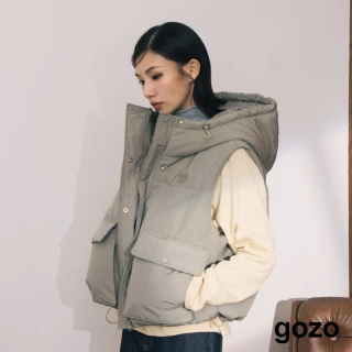 【gozo】霧綠大口袋立體廓型連帽羽絨背心(綠色)