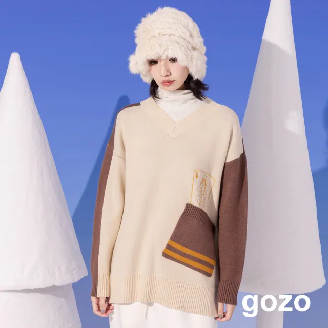【gozo】滑雪女王配色大口袋V領針織毛衣(兩色)