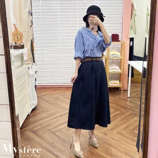 【my stere 我的時尚秘境】雙11 復古百搭A字裙 附腰帶 兩色(腰帶可拆 中長裙 小個女孩長裙 傘裙