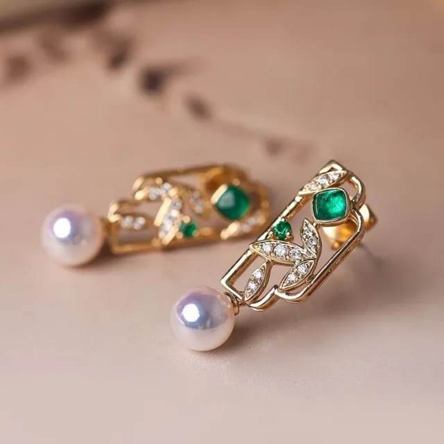 【海斯珠寶】小軒窗系列 18K金竹葉新中式耳環 0.16ct 哥倫比亞糖塔祖母綠 5.5-6mm 日本Akoya珍珠