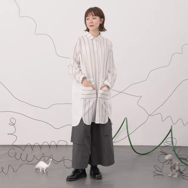 【MOSS CLUB】條紋泡泡薄棉幾何口袋開襟襯衫洋裝(黑 白)