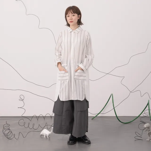 【MOSS CLUB】條紋泡泡薄棉幾何口袋開襟襯衫洋裝(黑 白)