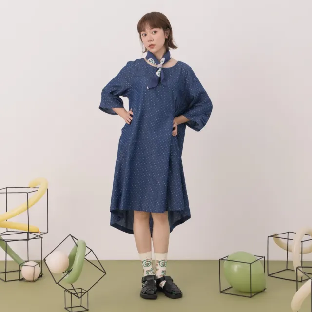 【MOSS CLUB】M小兔織標前短後長圓點牛仔洋裝(藍 深藍/魅力商品)