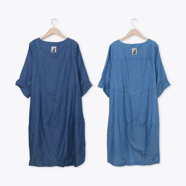 【MOSS CLUB】M小兔織標前短後長圓點牛仔洋裝(藍 深藍/魅力商品)