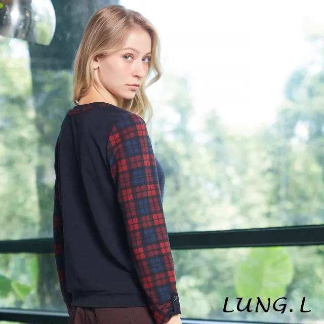【LUNG.L 林佳樺】LT36A 藍色拼接格紋袖質感長袖女裝上衣(秋冬新品 加大尺碼 保暖)