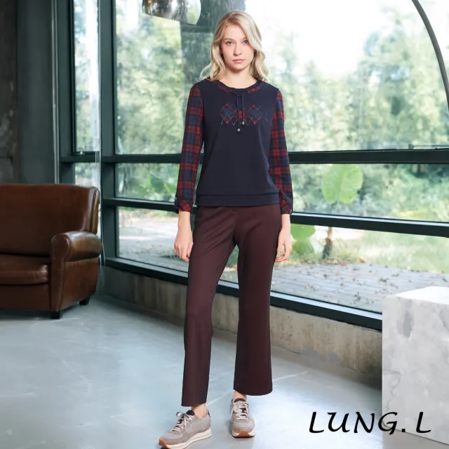【LUNG.L 林佳樺】LT36A 藍色拼接格紋袖質感長袖女裝上衣(秋冬新品 加大尺碼 保暖)